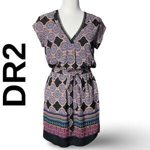 DR2 Boho Print Style Dress, Short Sleeve, Lightweight, Tie Belt, Size XS